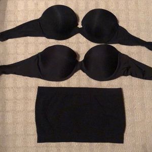 3 black strapless bras Victoria Secret